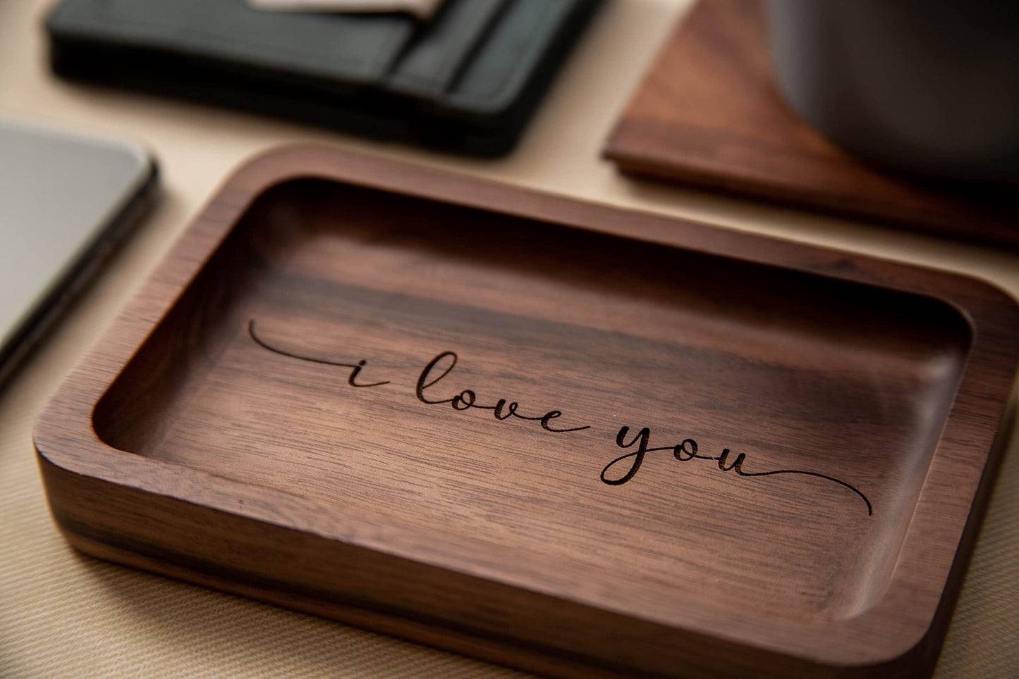MUUJEE I love you Ring Dish - Engraved Rectangle Wood Tray Small Jewelry Dish 5 Year Wedding Anniv Gifts Ideas - 5.5" x 3.5" (I Love You)