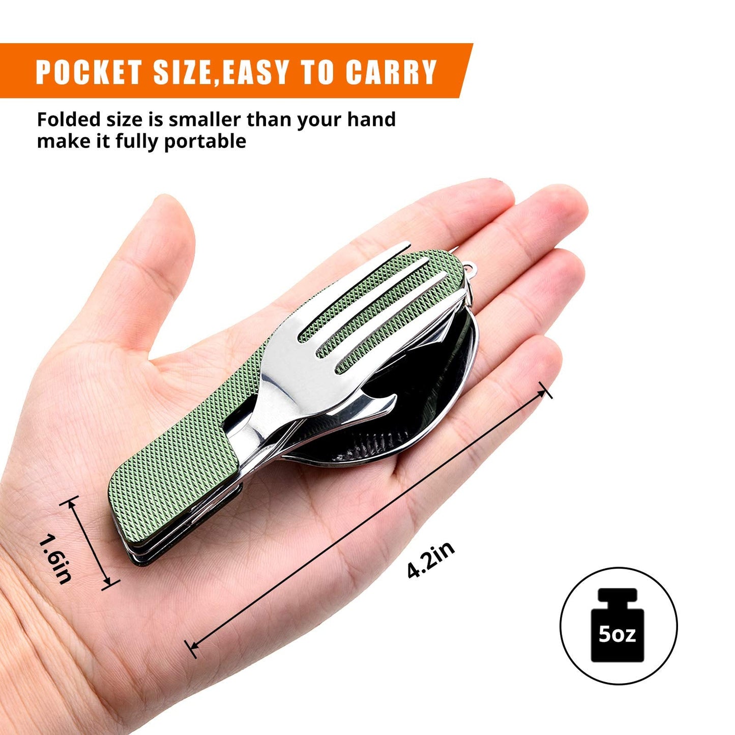 HIKENTURE Camping Utensils 2 Pack, 4-In-1 Stainless Steel Spoon Fork Knife Set Backpacking Travel Cutlery Metal Multitool Boy Scout(Green 2pack)