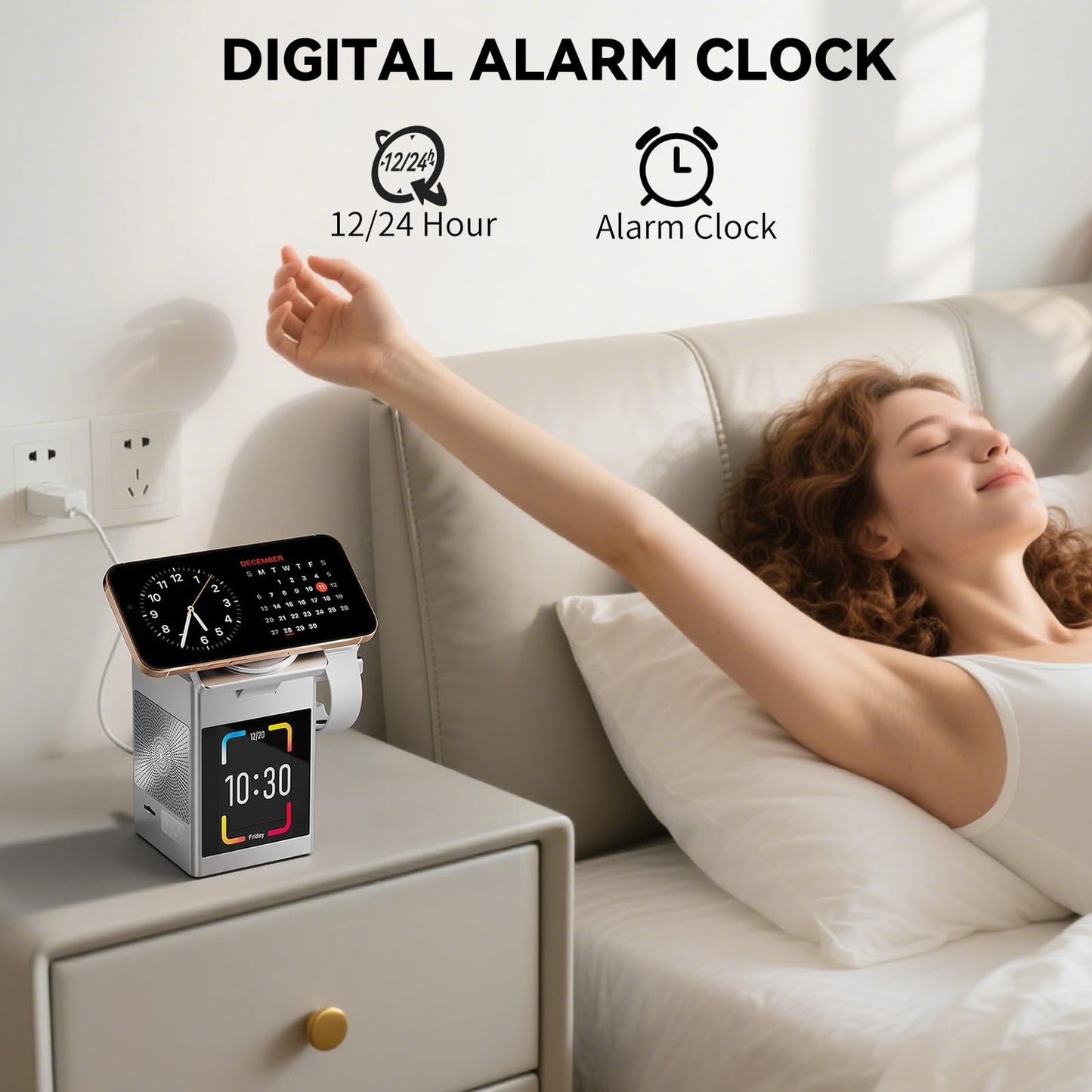 7-in-1 Multifunctional Wireless Charging Station with LCD Touch Screen, Bluetooth 5.3 Speaker, Alarm Clock, Qi2 Magnetic 15W Fast Charging Dock for iPhone, iWatch, AirPods, 20W Adapter (Silver)