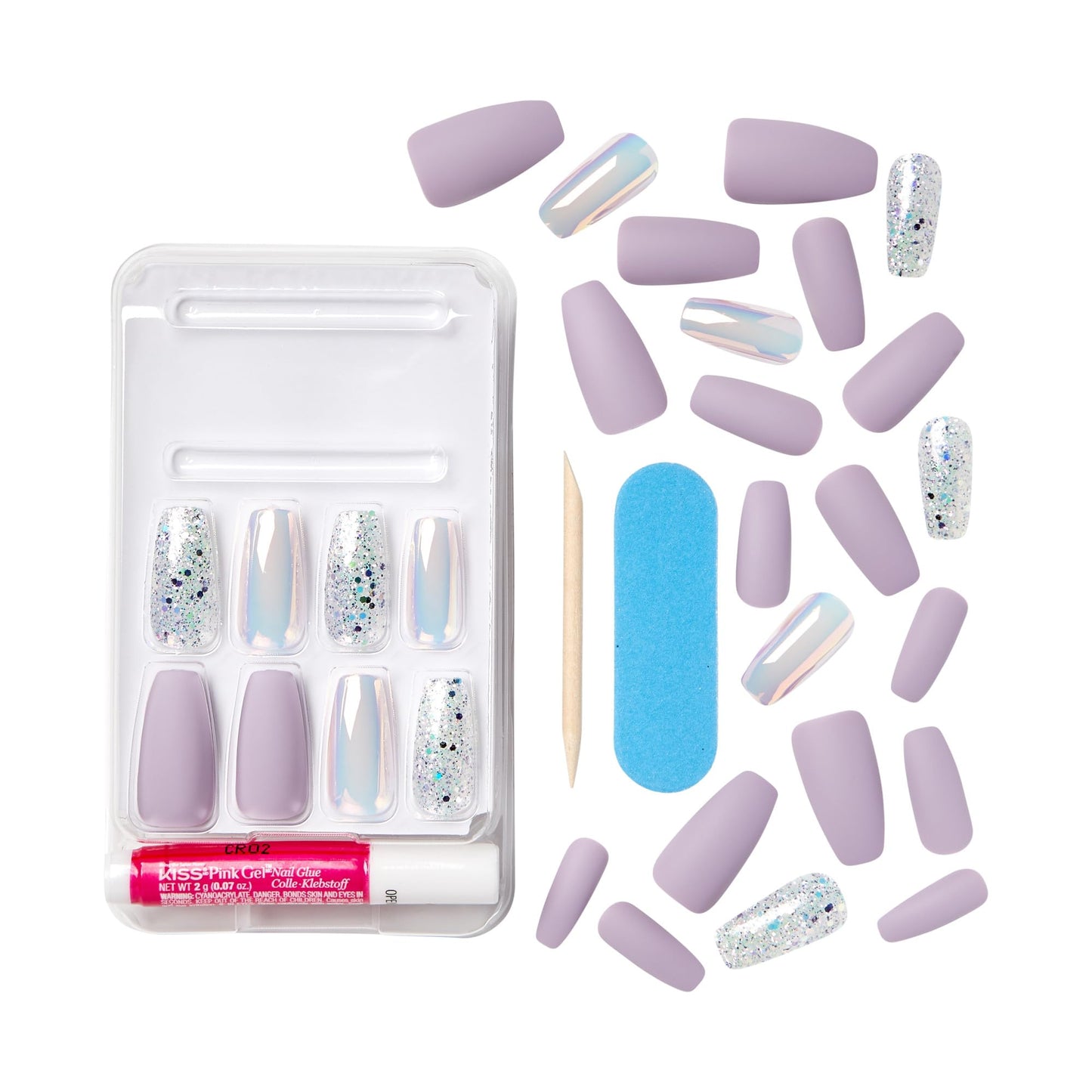 KISS Gel Fantasy Press On Nails, Rainbow Rings, Purple, Long Coffin Shape, Includes 28 Nails, Nail Glue (2g), Manicure Stick & Mini File