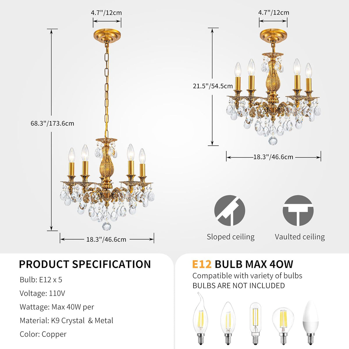 French K9 Crystal Maria Theresa Chandeliers, Luxury Vintage Pendant Light Fixture for Dining Room, Living Room, D18.3*H21~68 inch (Adjustable), Clear Crystal & Antique Bronze Finish Frame
