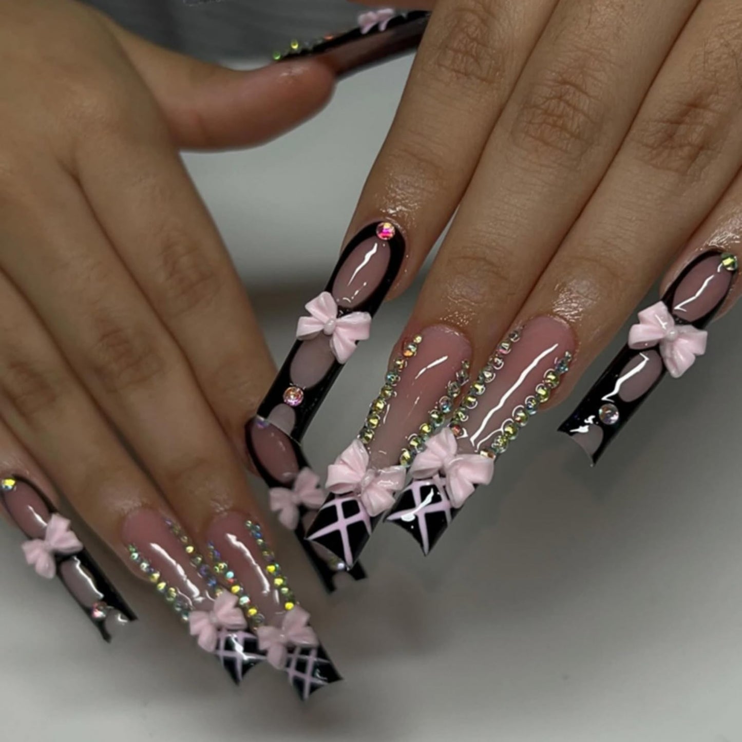 Long Press on Nails Square Fake Nails Black Acrylic Nail Press ons Seeneey Pink Bow Designs Sparkly Rhinestones Stick on Nail for Women 24pcs