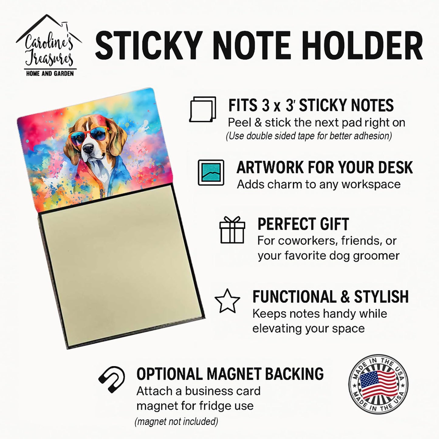 Caroline's Treasures Beagle Hippie Dawg Sticky Note Holder Refillable Dispenser Self-Sticky Note Pads, Memo Pads Blank Desk Accessories