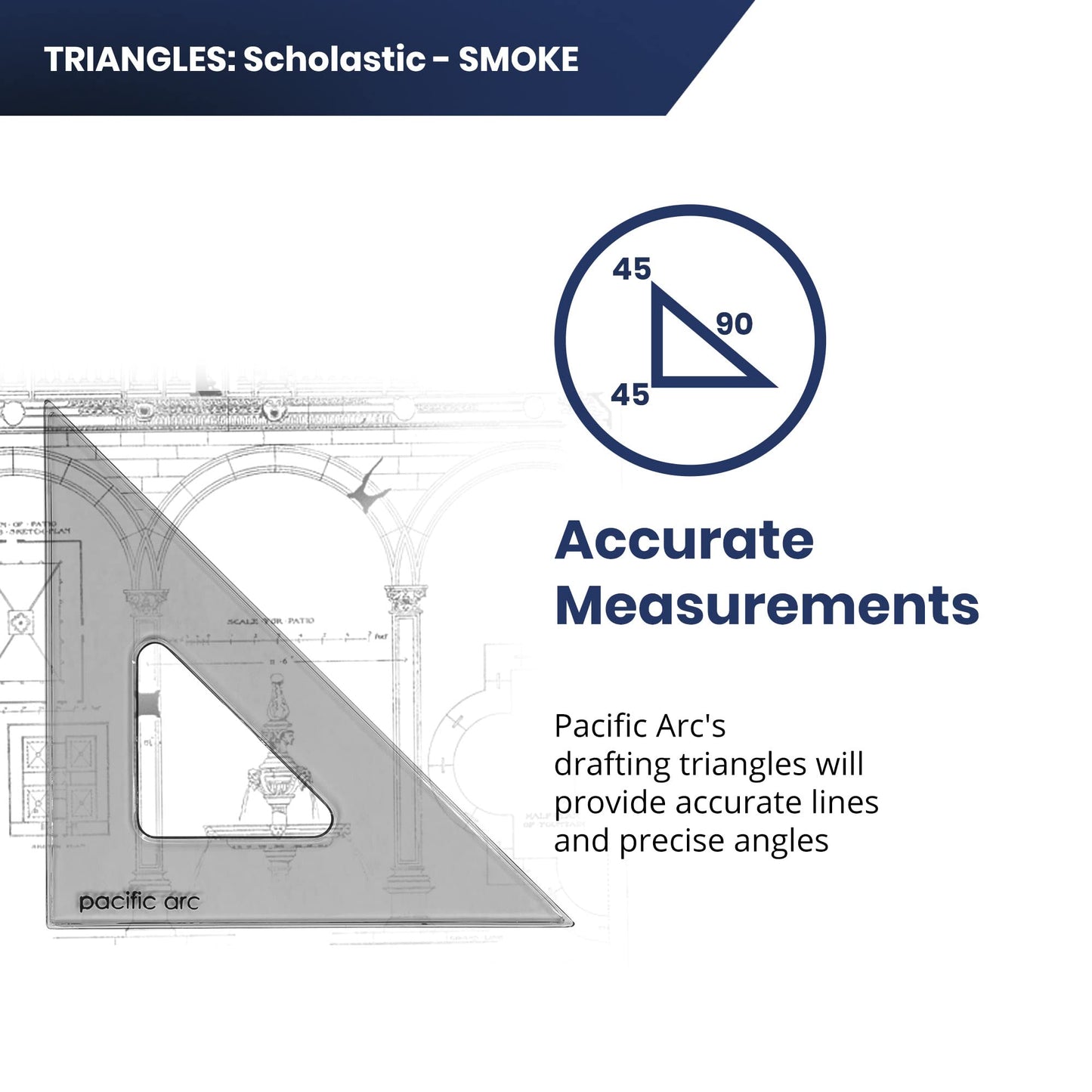 Pacific Arc's Scholastic Triangle - 6 inch - Smoke - 40/90 Angle - Polystyrene - Inking Edge - Technical Drawing Tools, Drafting, Architect and Engineering.