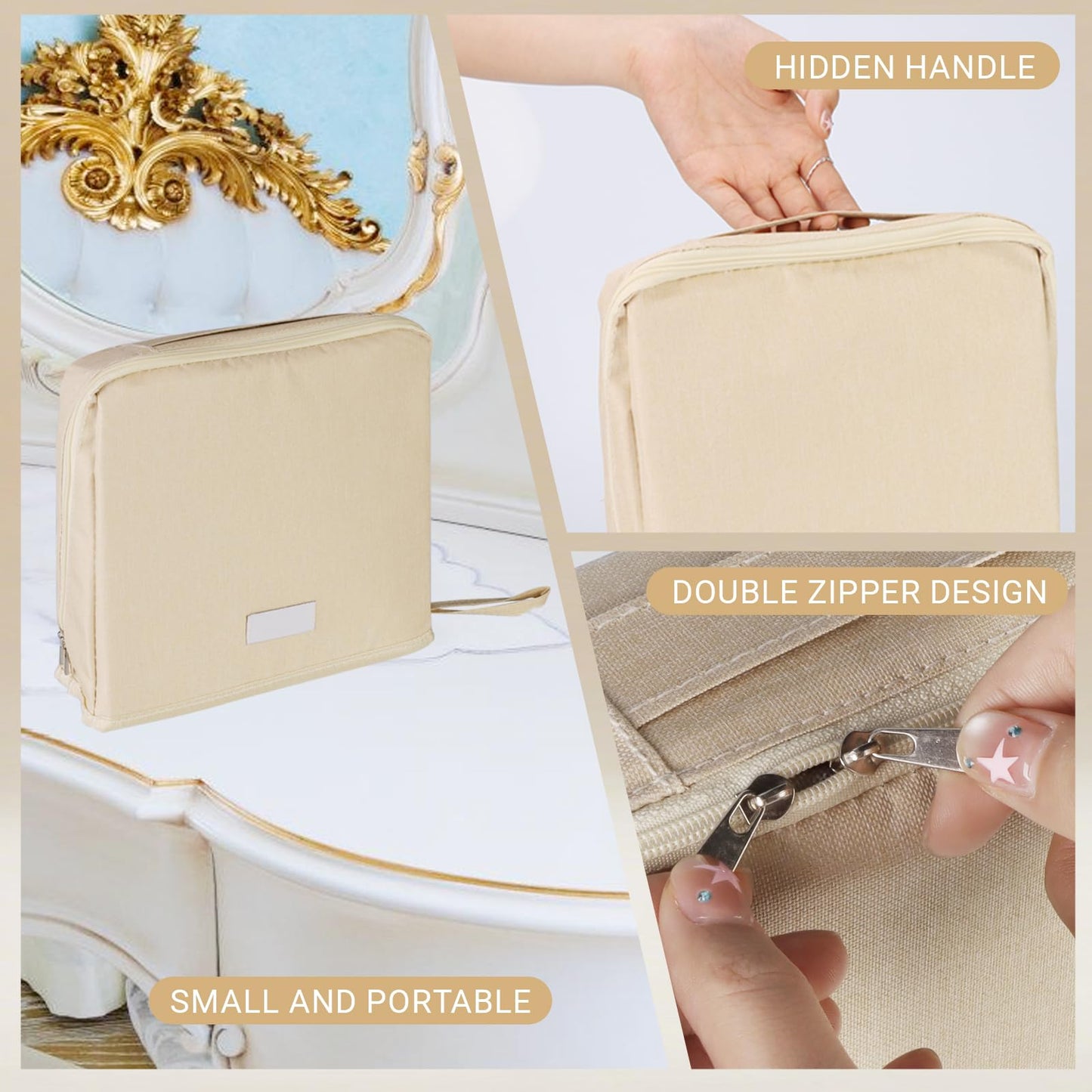 ONRSV Large Capacity Standing Makeup Bag for Travel, Foldable Hanging Toiletry Organizer with 3 Storage Layers & 8 Inner Pockets, Portable Cosmetic Case for Women (Beige)