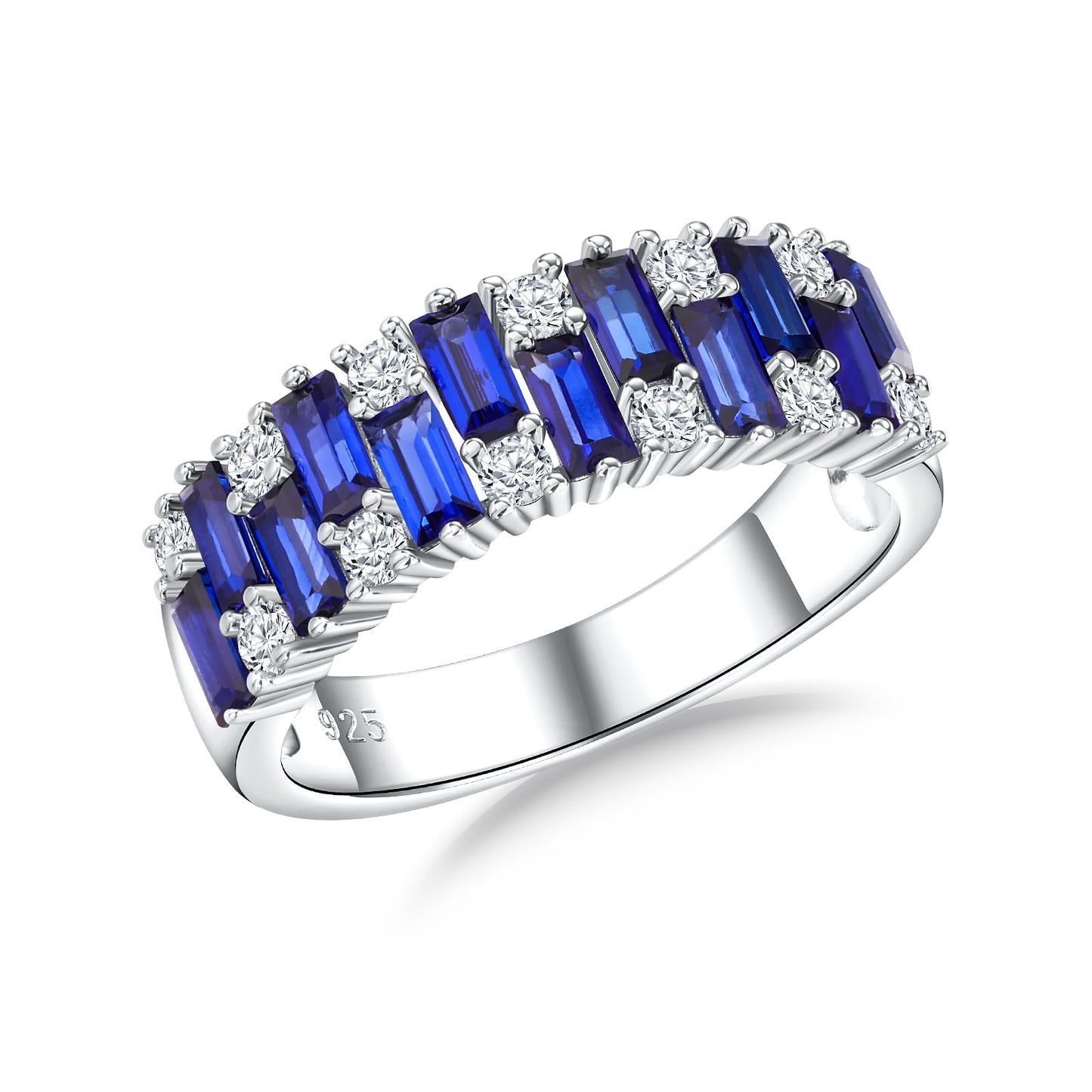 RANDES Sapphire Band Rings for Women 925 Sterling Silver Emerald Cut Eternity Band Blue Ring September Birthstone Ring Size 6