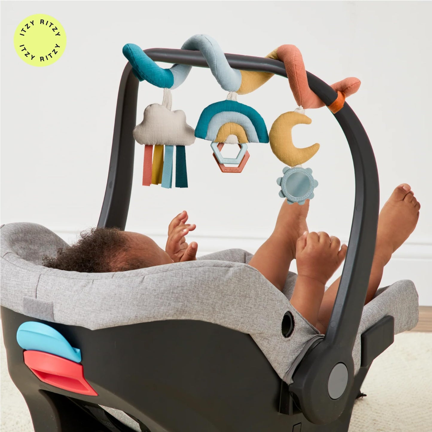 Itzy Ritzy Spiral Car Seat & Stroller Activity Toy - Stroller & Car Seat Toys for Ages 0 Months and Up - Hanging Toys Include Clinking Rings, Mirror and Textured Ribbons (Rainbow)