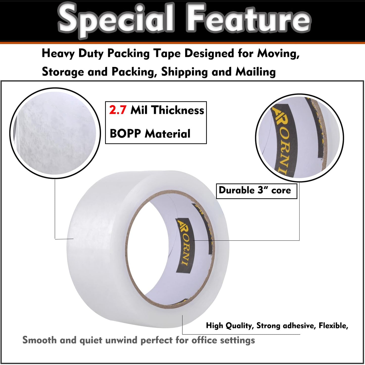 APORNI Clear Packing Tape Heavy Duty Refill Rolls Sealing Great for Packing Box Shipping and Moving Supplies Packaging 36 Rolls 1.88" x 65 Yards 3" Core 2.7 Mil Thick Adhesive