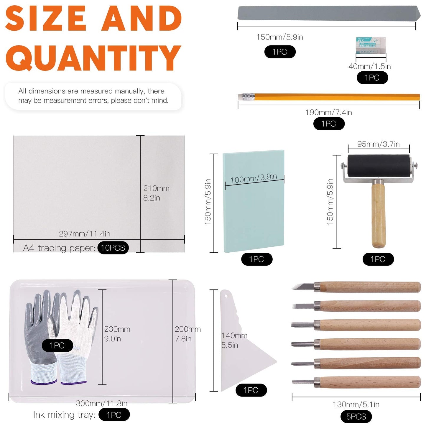 Rustark 24 Pieces Block Printing Starter Tool Kit with Whetstone, Stamp Block, Carving Tools, Tracing Papers,Pencil, Gloves,Eraser and Scrapper, Rubber Stamp Making Kit for Stamping and Printmaking