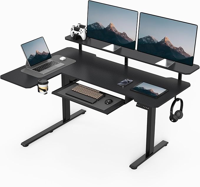 59 Inch L Shaped Standing Desk with Shelves and Keyboard, Electric Corner Standing Desk Adjustable Height, Sit Stand Computer Table with Reversiable Splice Board,Black Carbon Top