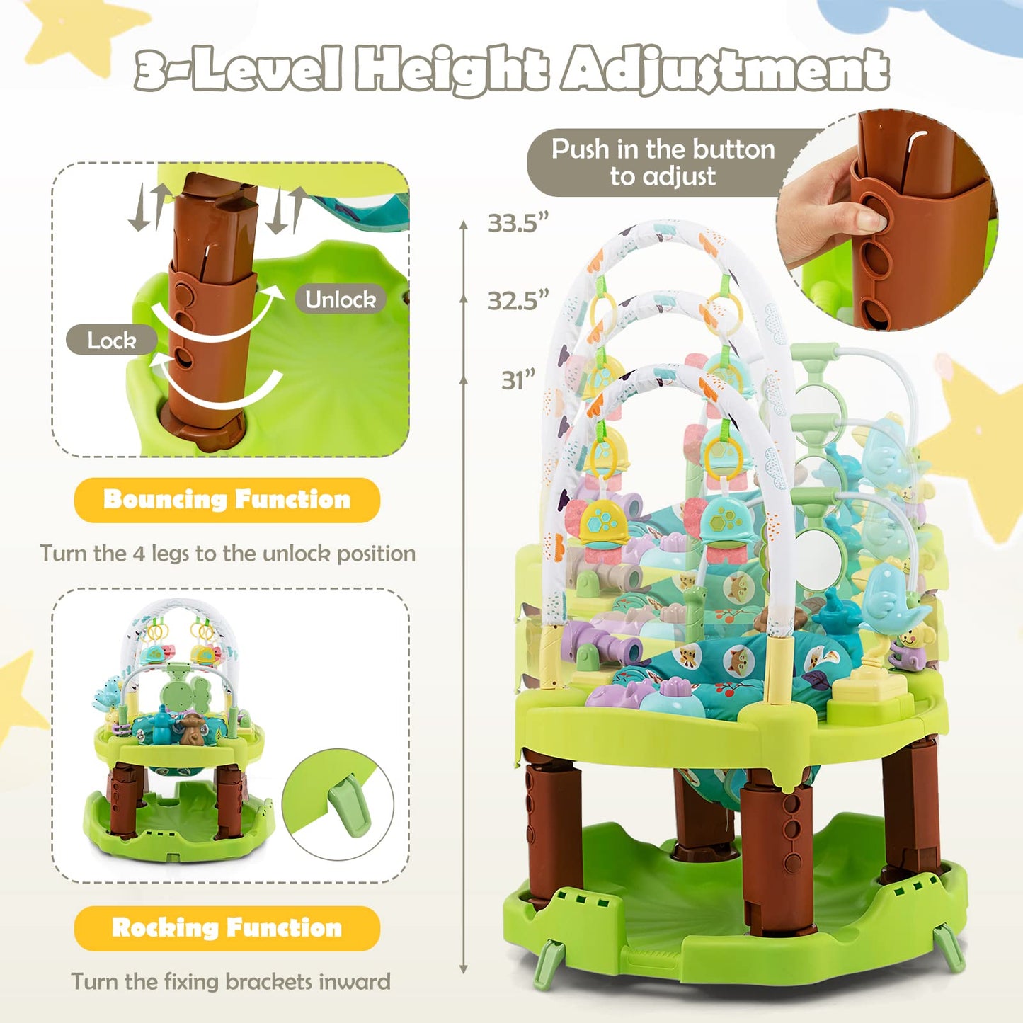HONEY JOY Baby Bouncer Activity Center, 3-Stage Bouncing Activity Saucer & Playtime Mat & Activity Table, Toy-Bar, 3 Adjustable Heights, Foldable Activity Center for Infants & Toddlers(Green)