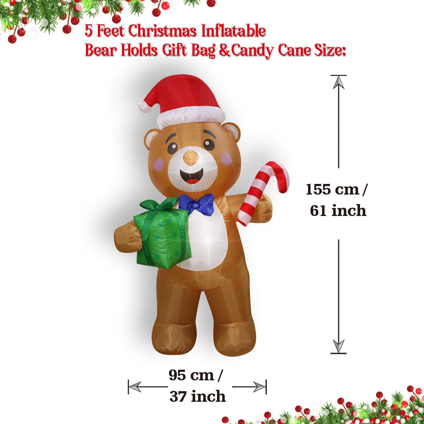 Christmas Inflatables Bear Gift Box Candy Cane Lighted Yard Lawn Inflatable Decoration with Built-in Fan and Stakes Ropes Holiday Party Decor, Christmas Decor (5FT-Bear Holds Giftbox & Candy Cane)