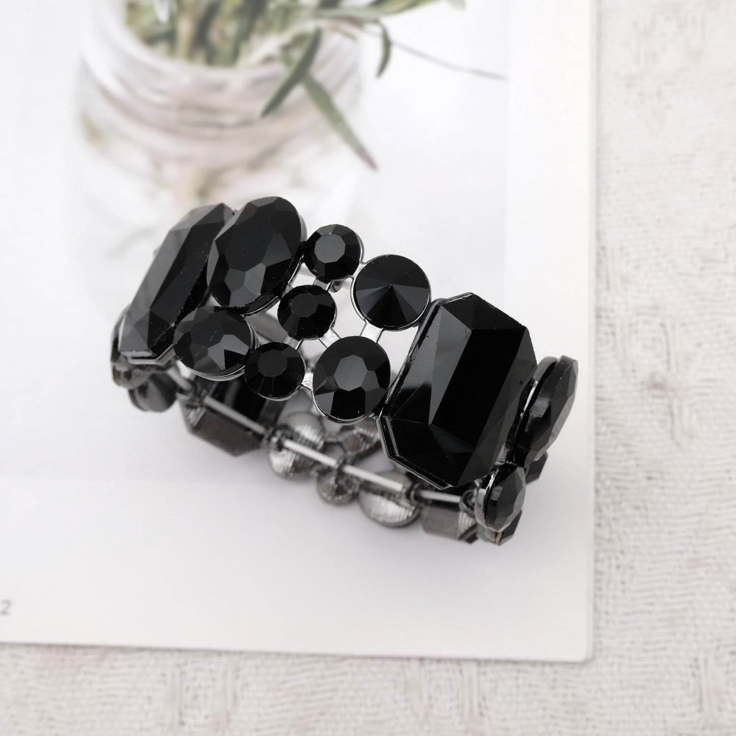 CSY Women's Statement Stretch Wide Bangle Bracelets Austrian Crystal Art Deco Elastic Bracelet for Party Prom (black crystal)