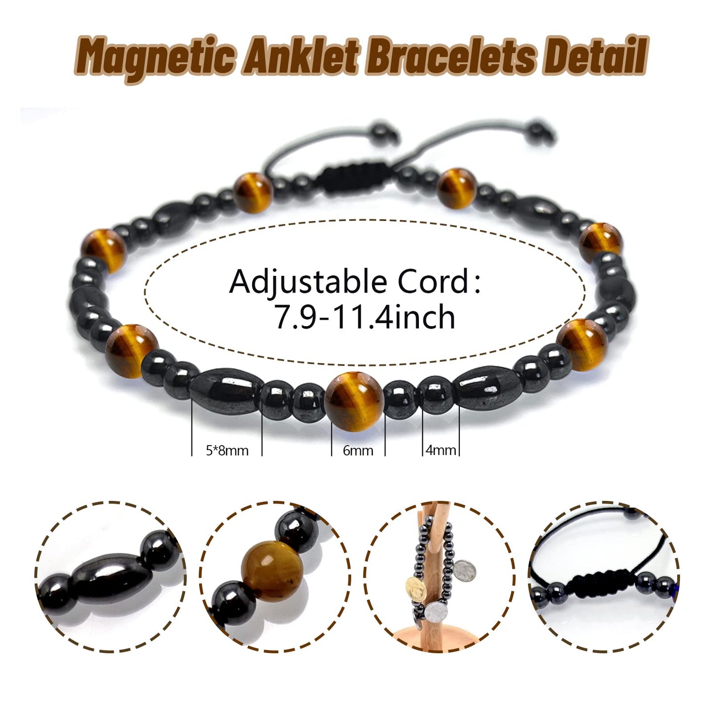 Hion 2 Pack Magnetic Therapy Anklet Bracelet Plus 1 Pack Magnetic Bracelet for Women/Men Anxiety Relief,Strengthen Immunity Hematite Tiger Eye Gemstone Anklet Bracelet Set