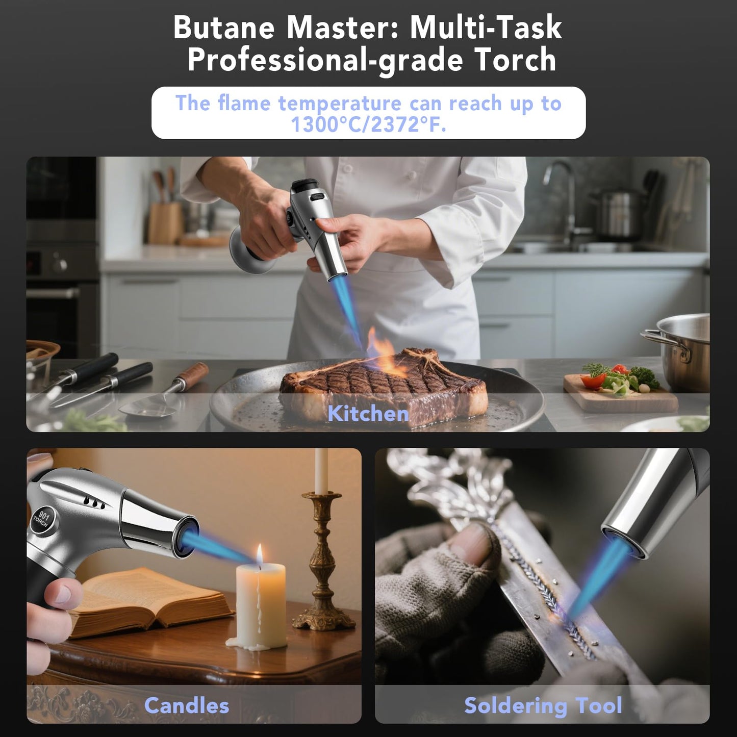 Sondiko Creme Brulee Torch, Butane Torch Lighter, Refillable Blow Torch with Adjustable Flame, Safety Lock for Soldering, Kitchen, Welding, Butane Gas Not Included