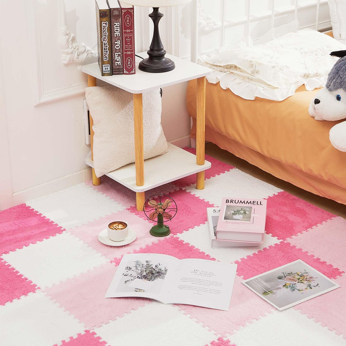 Amylove 72 Pieces Plush Foam Floor Mat Square Interlocking Carpet Tiles with Border 12 x 12 x 0.4 in Fluffy Play Mat Floor Tiles Soft Climbing Area Rugs for Home Playroom(White, Pink, Rose Red)