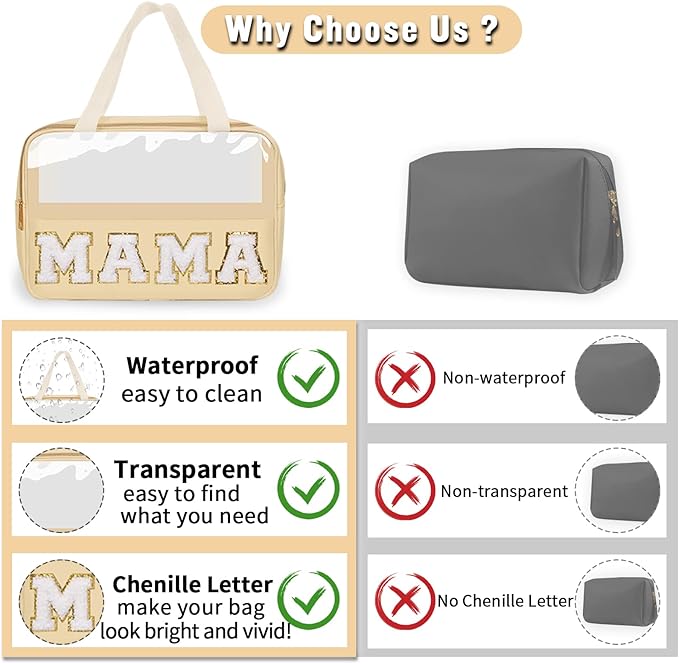 Preppy Clear Mama Makeup Bags with Chenille Letter Patches, Travel Essentials Large Clear Make up Bag Zipper Pouch with Handle, Waterproof Nylon Cosmetic Toiletry Storage Tote for Women (MAMA-Beige)