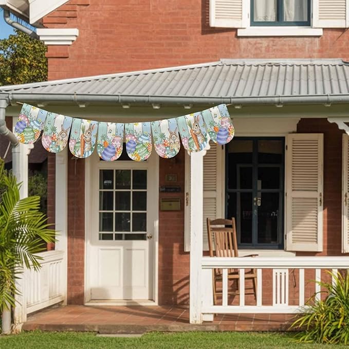 Easter Banner 4Pcs Indoor Outdoor Hanging Banner Flag Spring Rabbit Eucalyptus Leaves Eggs Wooden Sign for Fireplace Mantel Decorative Bunting Garland Valance for Shop Door Mantle Decor 9.8"x15.8"
