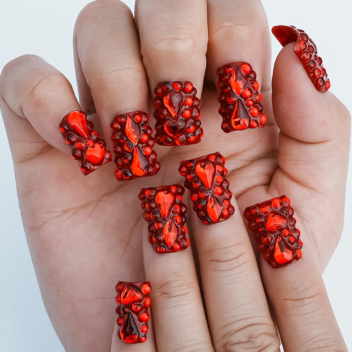 Tesytto Red Chrome Press on Nails Short Duck, Full Rhinestones Red Heart Fake Nails 3D Luxury Acrylic Duck Nails Thickened False Nails (Crimson Glimmer Enchant,M)