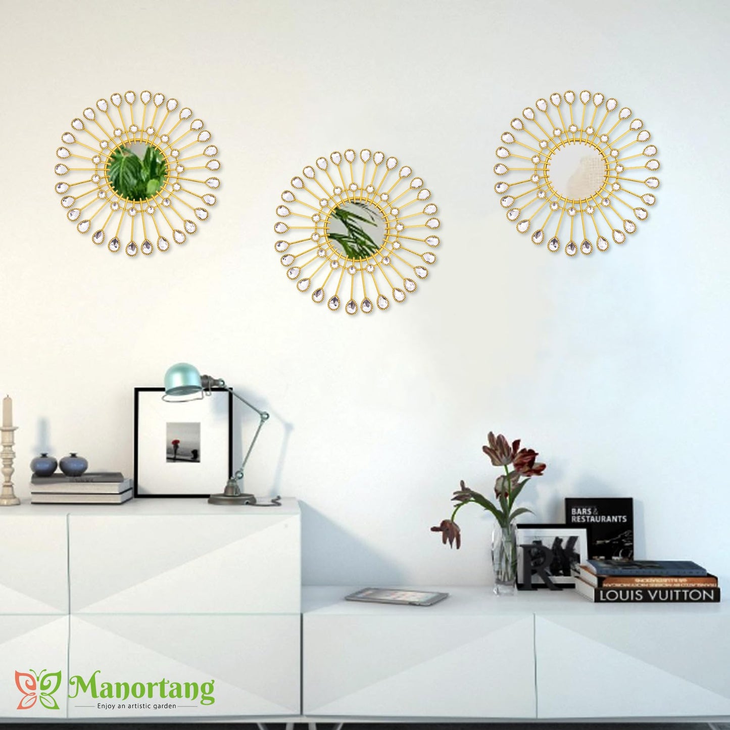Manortang Gold Mirrors - Sunburst Valentine Wall Art, Decorative Round Mirrors for Valentine Bedroom, Living Room, Bathroom, Kitchen, Entryway, Hallway - Set of 3