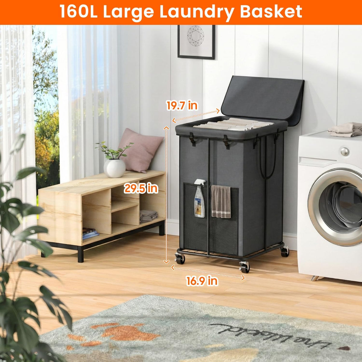160L Laundry Hamper with Lid & Wheels