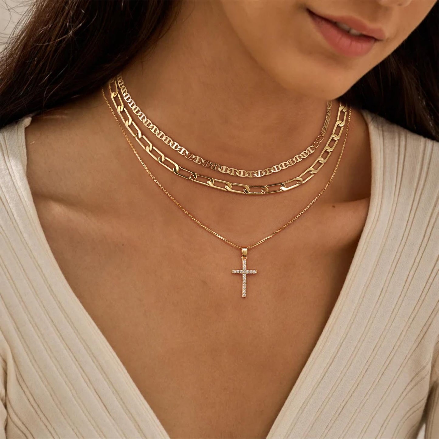 MFRYK Gold Necklaces Stack For Women,14K Gold Plated Simple Layered Choker Necklaces,Stackable Multilayer Gold Small Square Pendant Box Paperclip Chain Layering Necklaces Set Jewelry Gift for Women