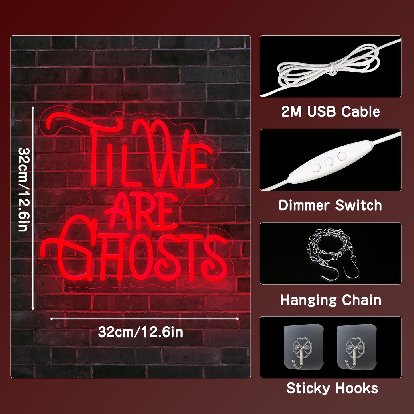 TIL WE ARE GHOSTS Neon Sign for Home Wall Decor, USB Powered&Dimmable LED GHOSTS Light Signs for Bar Man Cave Party Halloween Wedding Proposal Gifts