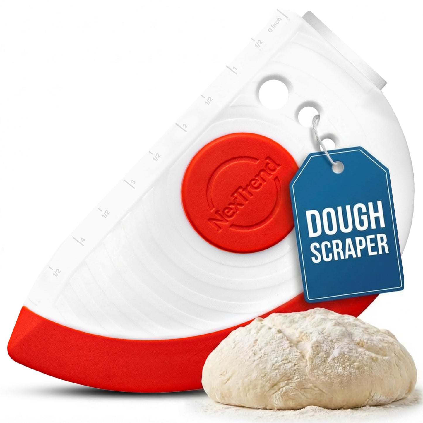 5-in-1 Dough Scraper & Flexible Bowl Scraper by Nextrend, Bread Scraper with Stainless Steel Edge, Ruler & Herb Stripper – BPA Free, Dishwasher Safe - Red