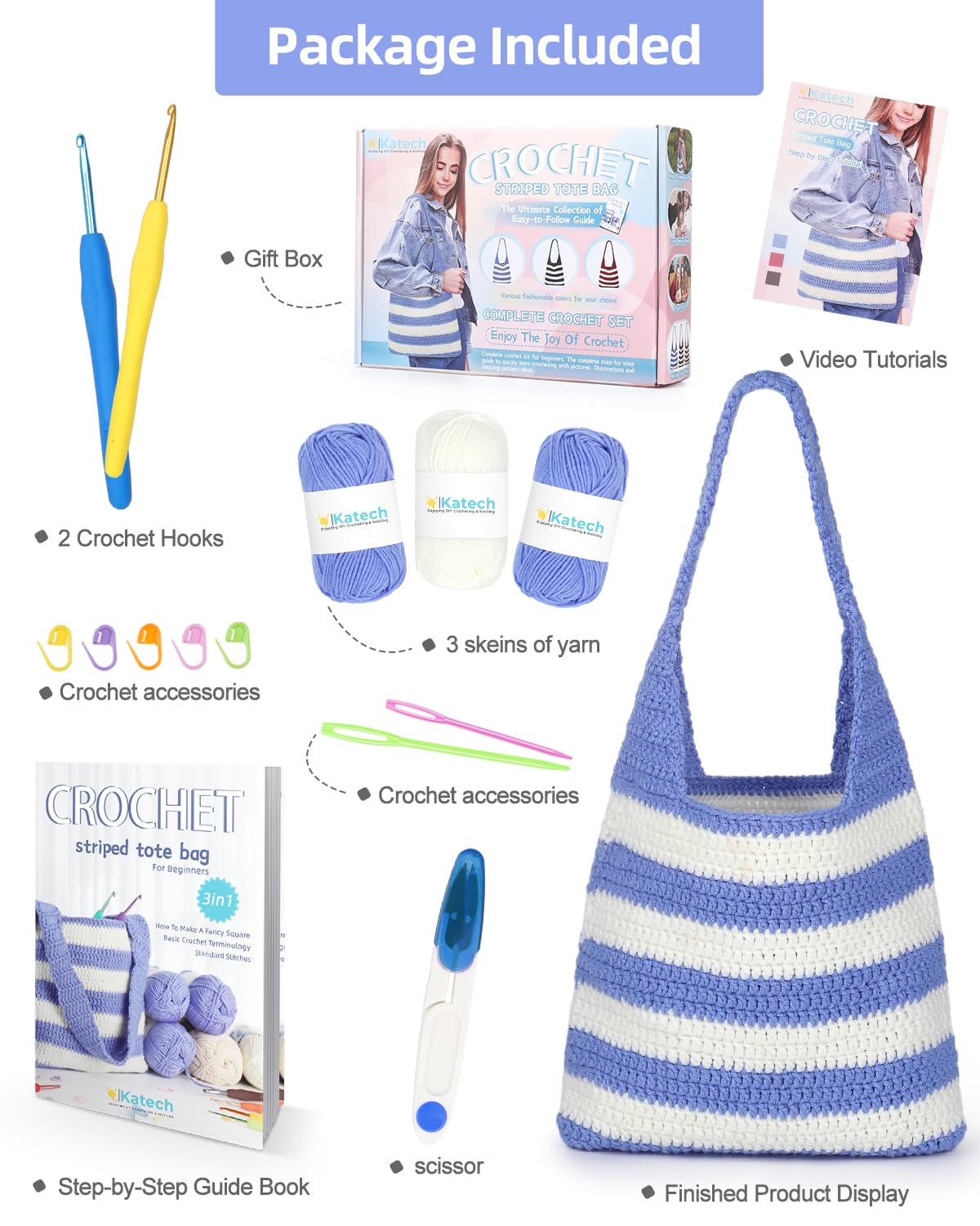 Katech Crochet Kit for Beginners, Striped Tote Bag Crochets Set Includes Yarn Crochet Hooks, Complete Crochets Step-by-Step Guide Needles Accessories Adults Crocheted Starter Kit Crocheter Gift