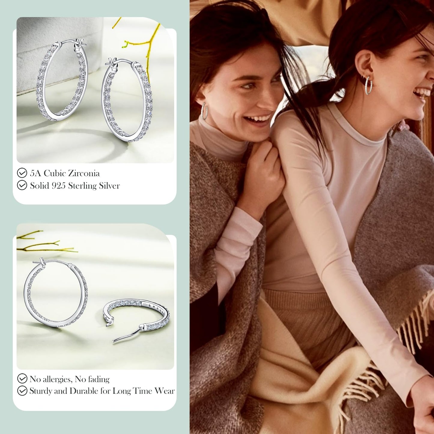 925 Sterling Silver Big Hoop Earrings for Women Trendy Cubic Zirconia Hoops 25mm Large Hoop Earring for Sensitive Ears