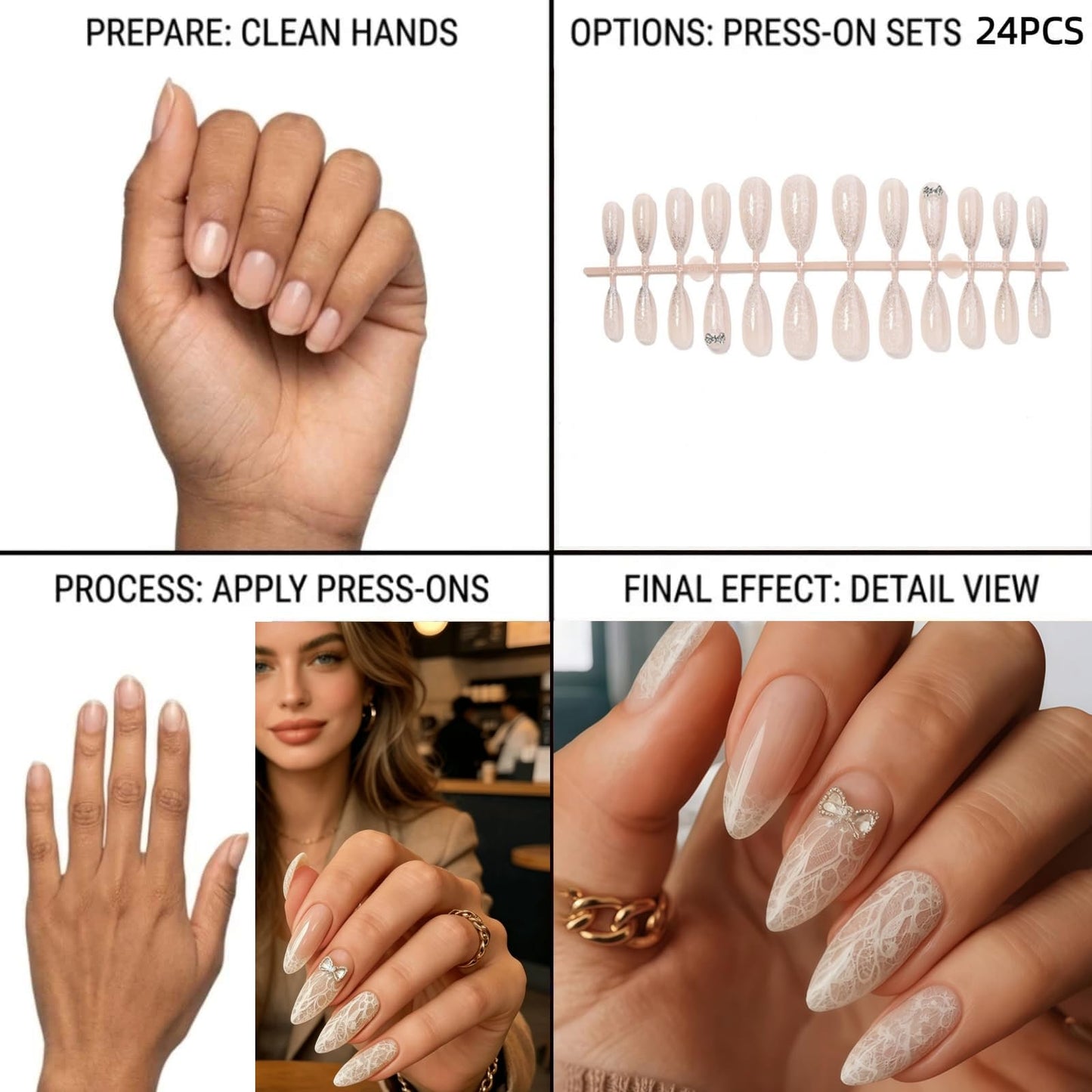 Lace Bow Press On Nails Almond Medium Fake Nails with Rhinestone Bow Design Glossy White Glue on Nails Spring Summer Reusable Artificial Nail Full Cover Stick on Nails for Women 24Pcs