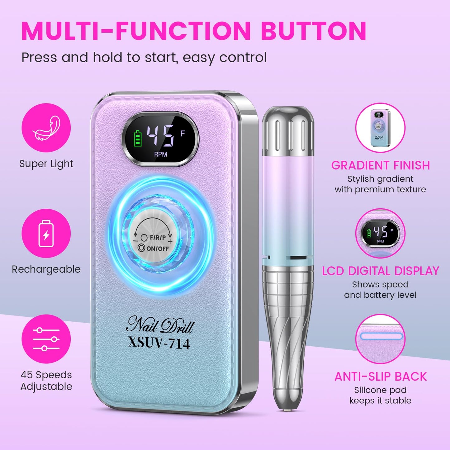 Electric Nail Drill Professional 45000RPM,Portable Drill Nails Machine with LED Display for Salon and Home Use,Rechargeable Electric Nail File Kit for Manicure Pedicure Polishing Acrylic