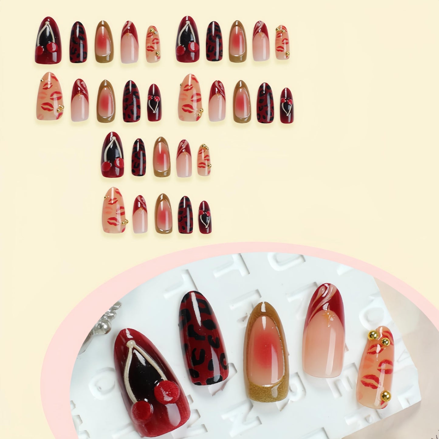 30Pcs Red Lips Cherry Press on Nails Medium Almond Shaped False Nails with Golden Beads Designs Valentines French Tip Fake Nails Leopard Lip Print Full Cover Stick on Nails for Women Manicure Kit