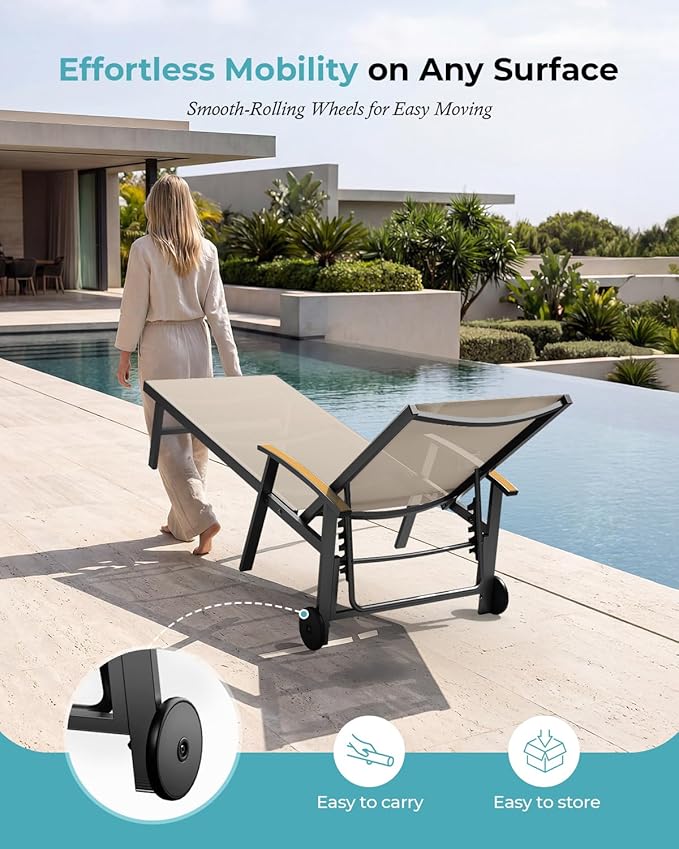 Ciokea Outdoor Lounge Chair with Pillow Set of 4, 5-Position Chaise Lounge with Wheels & Armrests, 400 lbs Heavy Duty Aluminum Pool Lounge Chairs, for Beach, Deck, Poolside & Backyard, Khaki