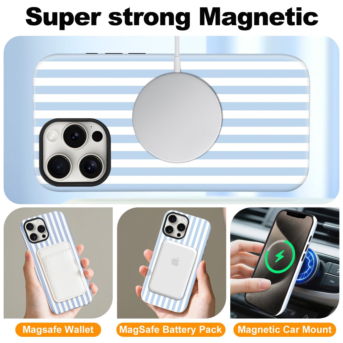 flewfun Magnetic for iPhone 16 Pro Max Case Cute Stripes Phone Case, Shockproof Slim TPU and Hard PC Protective Phone Cover Compatible with MagSafe Designed for Women Girls, Blue and White