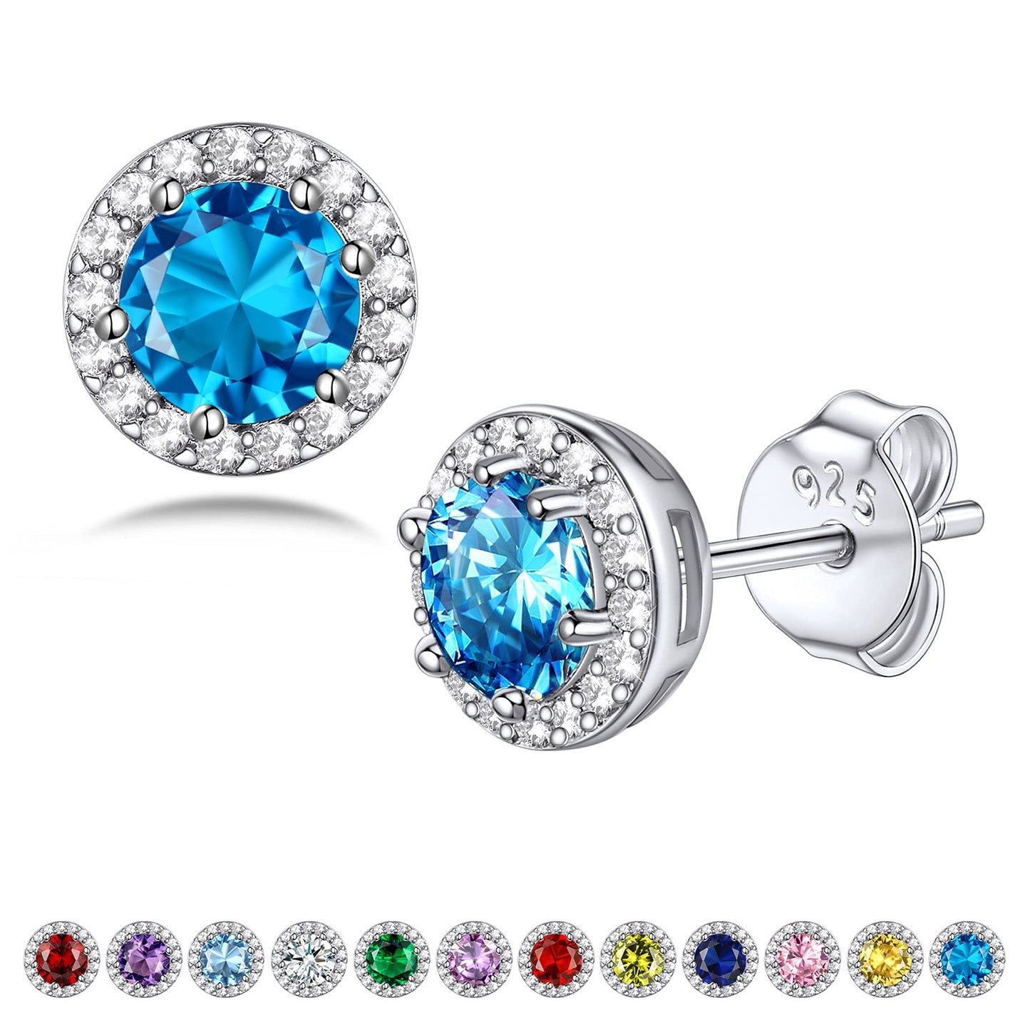 Bestyle CZ Round Diamond Stud Earrings 5mm December Blue Topaz Birthstone Solitaire Earrings, 925 Sterling Silver Earrings Jewelry Gift for Wedding Anniversary Birthday