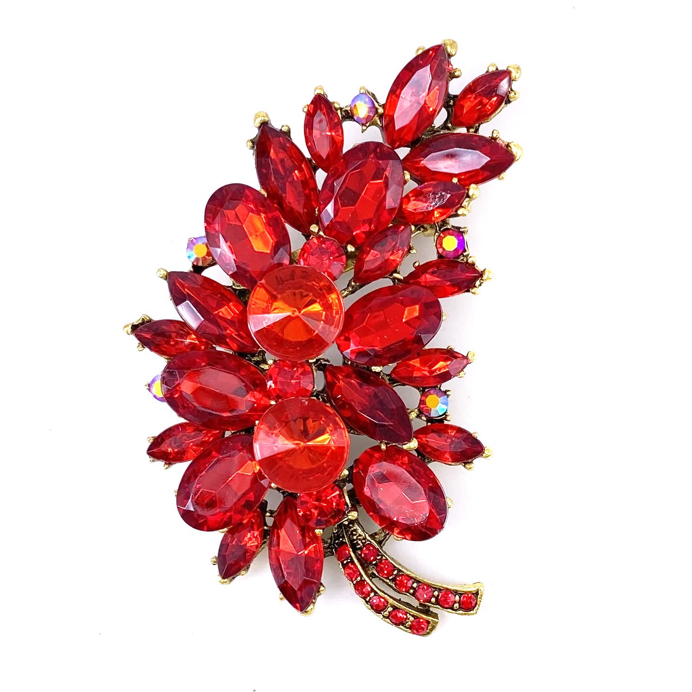 LAXPICOL Vintage Red Austrian Crystal Flower Leaf Bouquet Clusters Large Big Brooch Pin For Women Jewelry