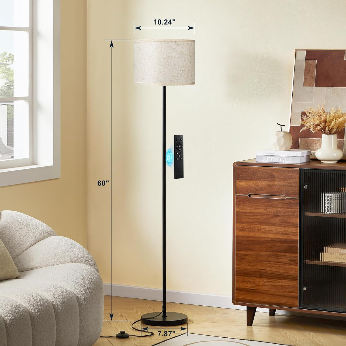 Ambimall 60'' Modern Floor Lamp with Remote, Tall Lamps for Living Room, Bedroom, Office, Dining Room, Beige Shade with Black Pole(Included Bulb)