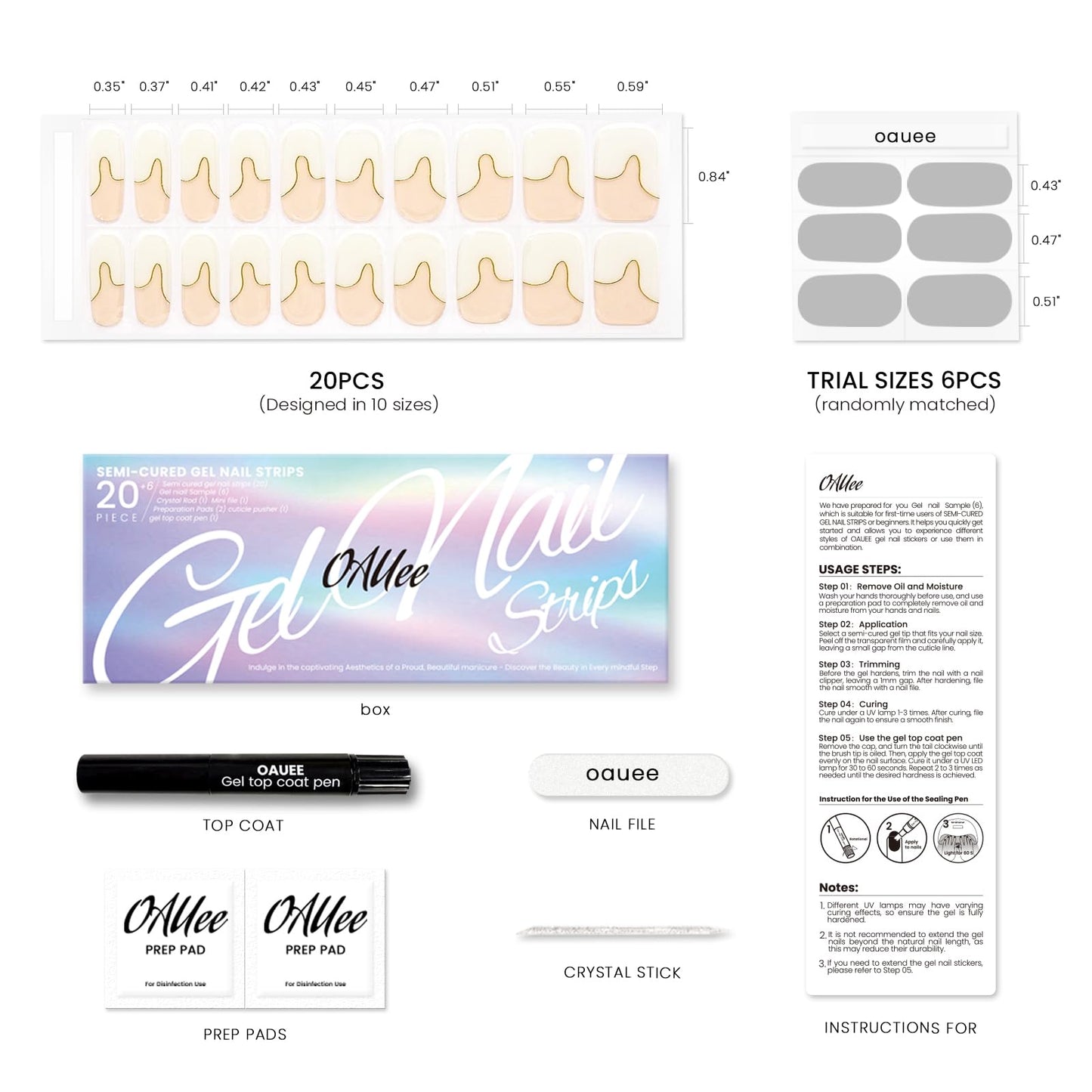 Oauee Semi Cured Gel Nail Strips | Built-In Gel Top Coat | UV Light Required | Salon Quality, Easy Application And Removal (Ivory Wave With Gold)