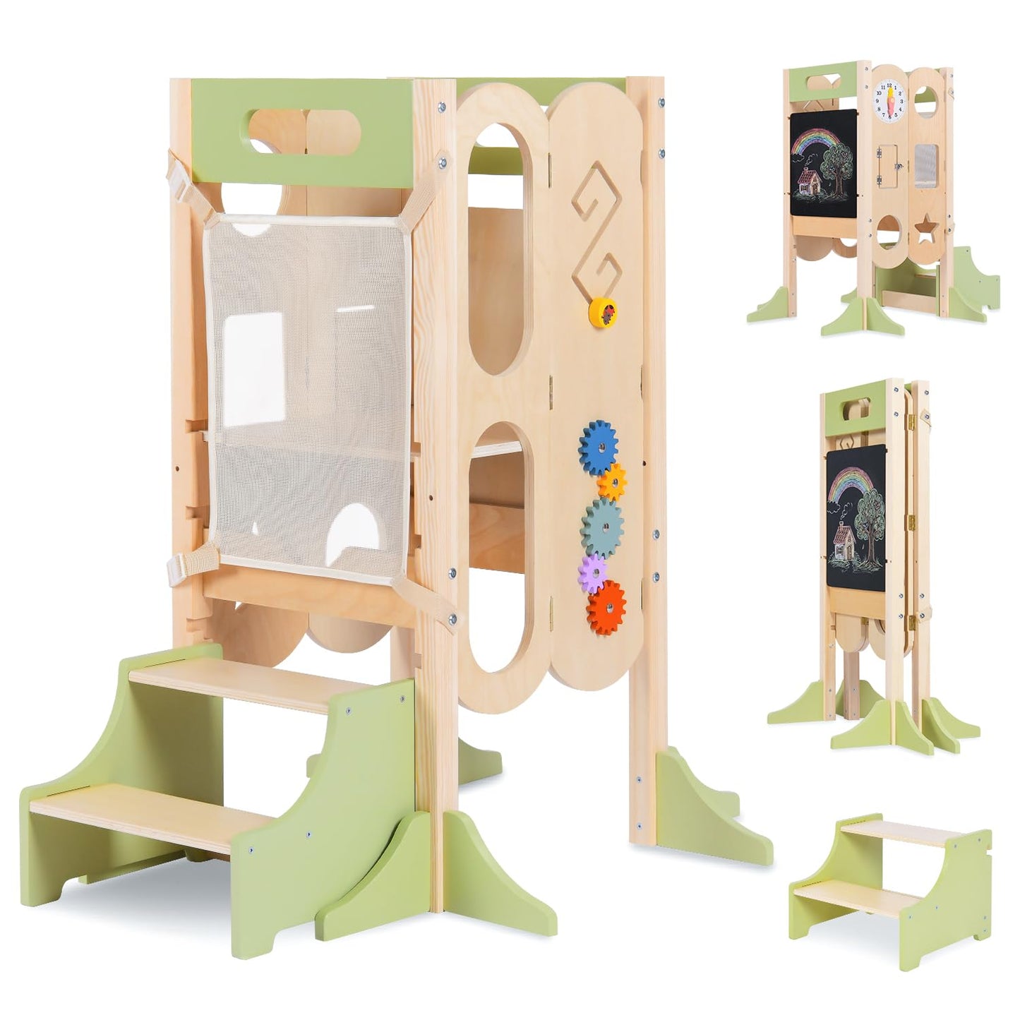 XYMERO 6 in 1 Toddler Tower with Removable Ladder, Foldable Wooden Kitchen Step Stool for Kids, Adjustable Children Helper Tower for Baby, Standing Tower with Safety Equipment and Black Board