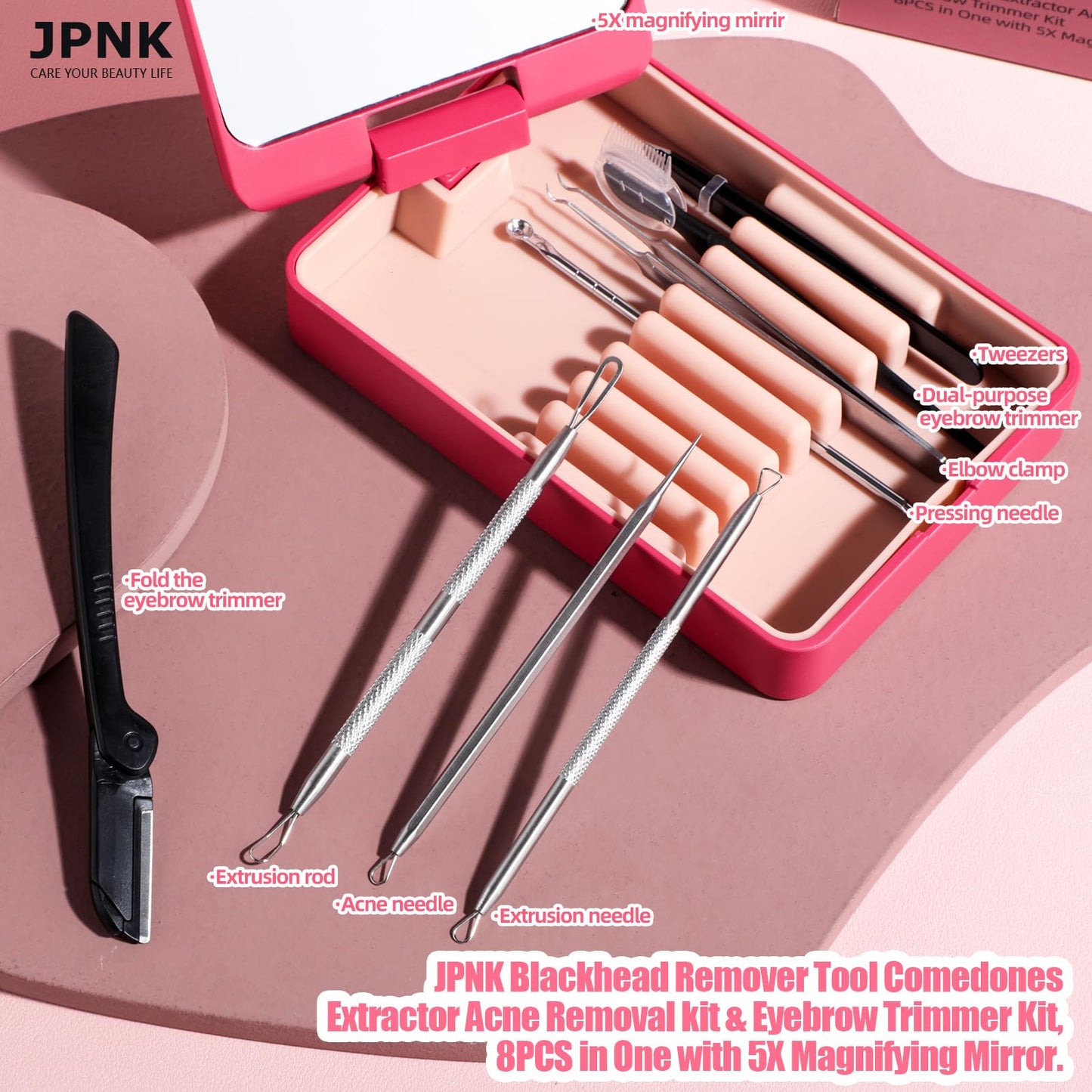 JPNK Blackhead Remover Tool Comedones Extractor Acne Removal kit & Eyebrow Trimmer Kit, 8PCS in One with 5X Magnifying Mirror (Silver)