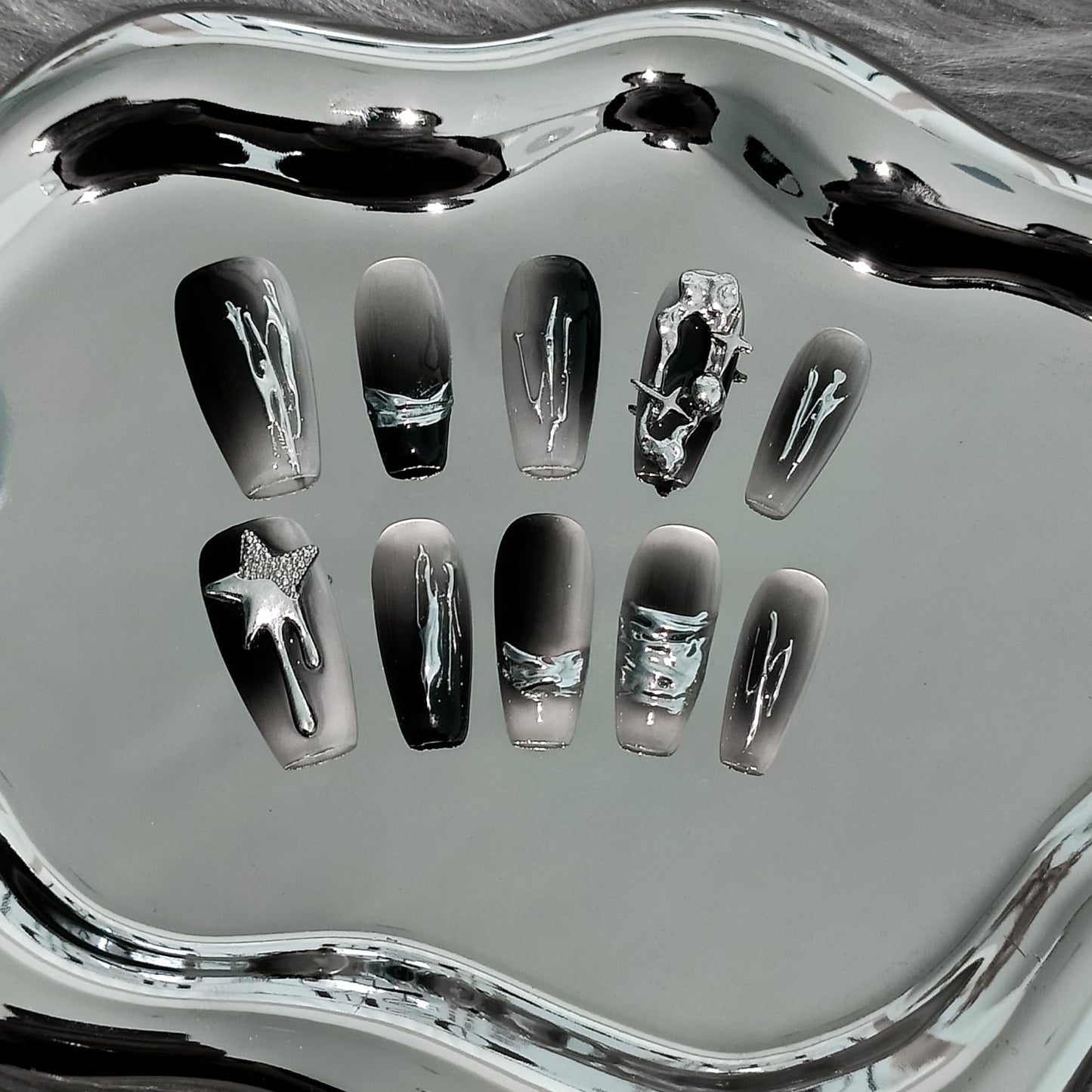 TENPAL 10PCS Medium Coffin Press on Nails with Tools Kit - Airbrush Metallic Color Clash & Gothic 3D Charms Glue on Nails | Rebel Sweetheart Fake Nails | Dark Abstract Gradient False Manicure Set(XS)