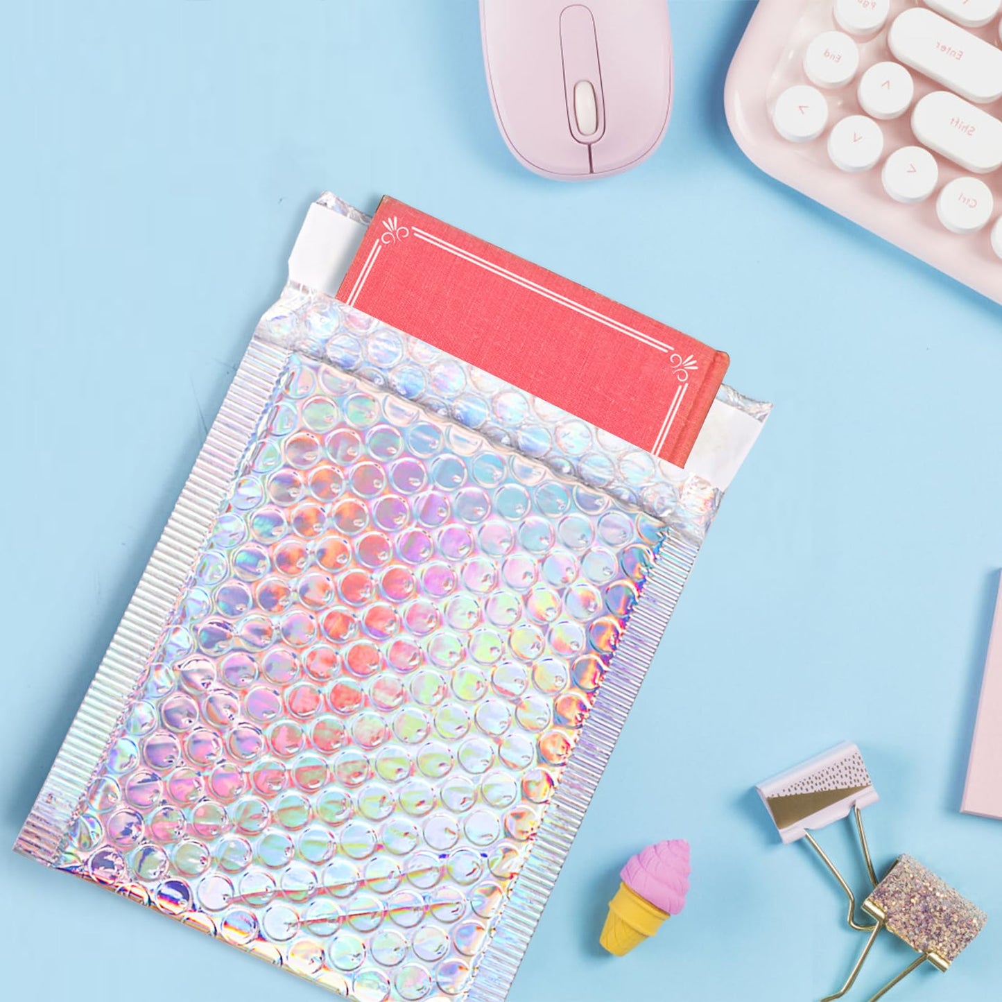 ZAVOOS 50 Pieces Metallic Bubble Mailers, Self-Seal Poly Padded Envelopes, Waterproof Holographic Bubble Shipping Envelopes for Mailing, Packing, Small Business, Christmas Gifting