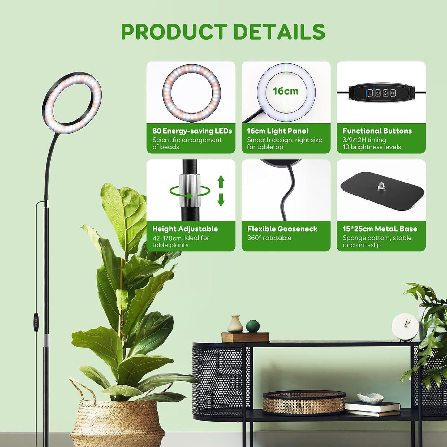 LPMZMBL One Head Grow Lights for Indoor Plant Full Spectrum, Plant Lights for Indoor Growing with 3/9/12 Timer, 5 Dimmable Levels, Height Adjustable 16.5''-68", Strong Base for Large Plants
