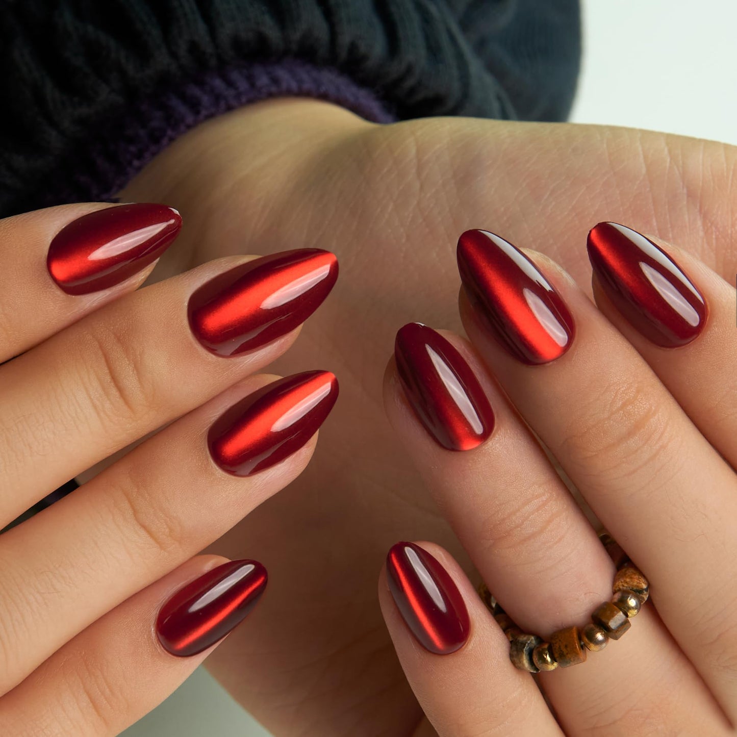 Curvlife Soft Gel Almond Press On Nails – Reusable Red Strip Cat Eye False Natural Fit Medium Christmas Fake Nails Tips Stick Ons, Salon Quality UV Finish