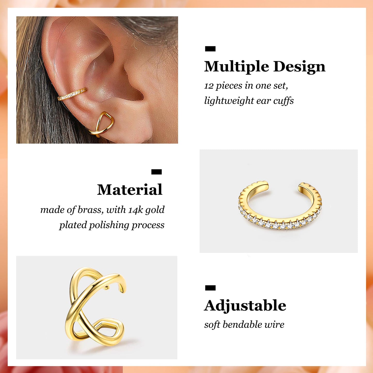 Dochais 9Pcs 14K Gold Plated Ear Cuff Earrings - Non Pierced Clips, Cartilage, Fake Cuffs (12pcs-Gold)
