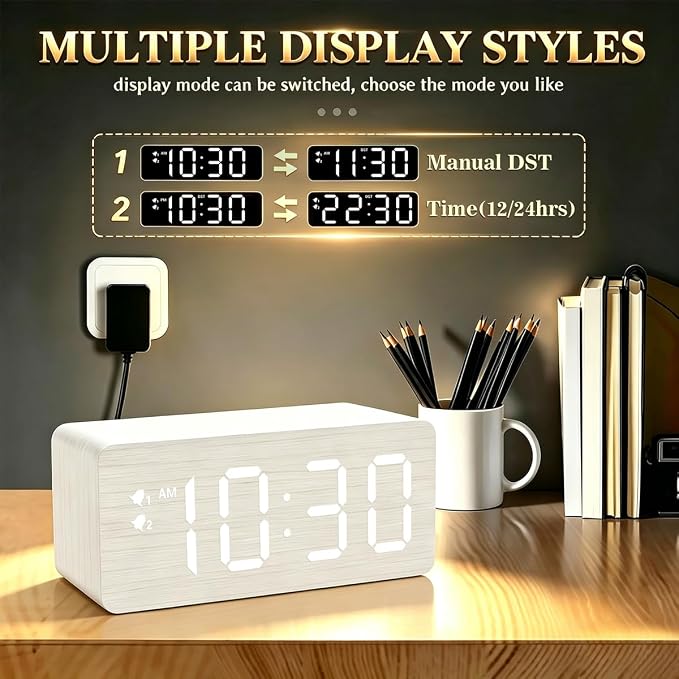 URAYCO Wooden Digital Alarm Clock, 10W Fast Wireless Charger Station & 2 USB Charging Ports, with 0~99% Dimmer, Dual Alarm, Weekday/Weekend Mode, Wood LED Clock for Bedroom, Desk, Office