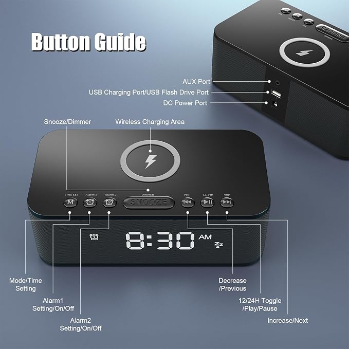 Alarm Clocks for Bedrooms, Wireless Charger, Bluetooth Speaker, White Noise Machine, Digital Clock with Dual Alarm, Dimmable Display, USB Charging Port, Black