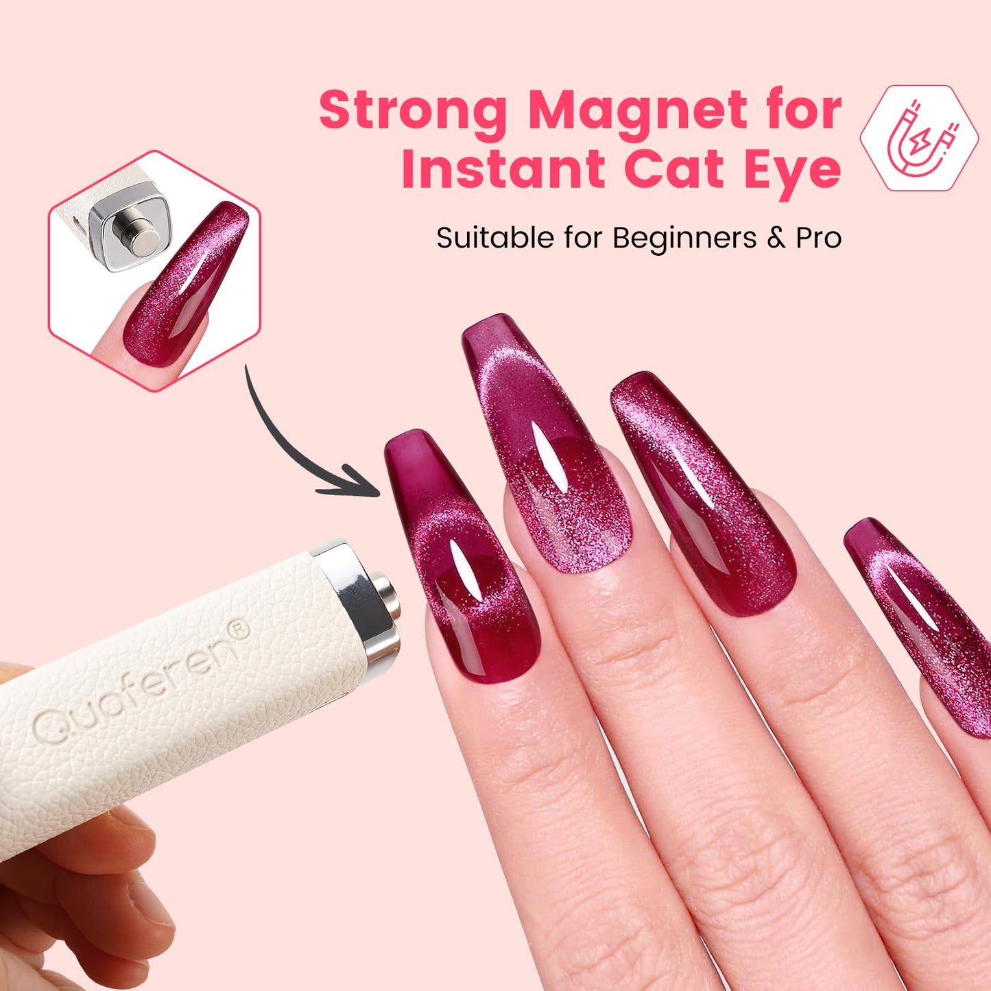Quaferen Mini Handheld UV Light for Gel Nails with Stand, Rechargeable Flash Cure Nail Lamp with Auto Sensor, Cat Eye Magnet for Fast Drying at Home Salon (White)
