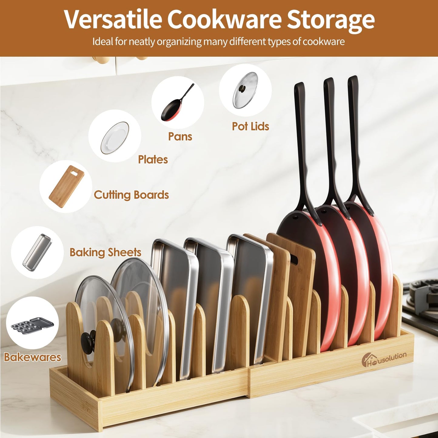 Housolution Bamboo Pot and Pan Organizer for Cabinet, 15"-29" Expandable Pot Lid Organizer with 10 Adjustable Dividers, Pan Holder Storage Rack with Solid Bamboo Wooden Base